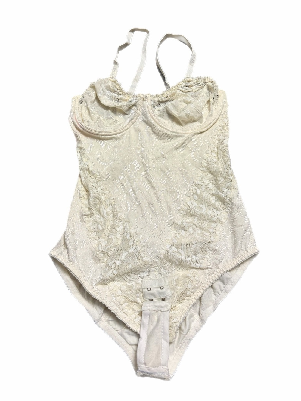 60s European Vintage Jacquard Floral Cotton Lace Accent Bodysuit (Ivory) Size M